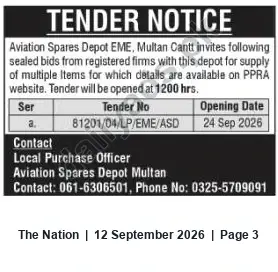 Newspaper clipping: Tender for Supply of Multiple Items — Aviation Spares Depot EME, Multan Cantt (Tender No. 81201/04/LP/EME/ASD), The Nation, 12 Sep 2026