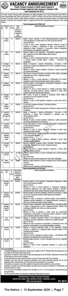 Newspaper clipping: Punjab Transport Company — Multiple PMU & PIU Vacancies for Electric Bus Project (Apply by 2026-09-30), The Nation, 12 Sep 2026