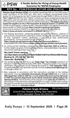 Newspaper clipping: PSW RFP: Group Health Insurance for NAFSA Employees (RFP No. PSW/PROC/26-27/HR-595), Dunya, 12 Sep 2026