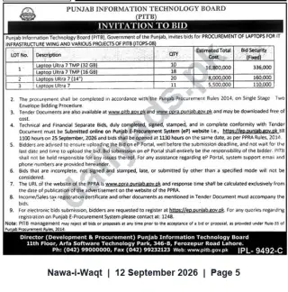 Newspaper clipping: PITB Invitation to Bid — Procurement of Laptops for IT Infrastructure, Nawa-i-Waqt, 12 Sep 2026