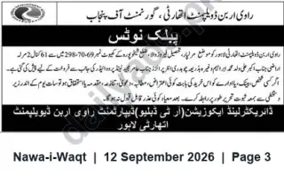 Newspaper clipping: Ravi Urban Development Authority — Public Notice Regarding Plots, Nawa-i-Waqt, 12 Sep 2026