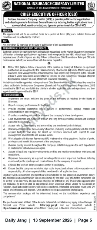 Newspaper clipping: Chief Executive Officer (CEO) – National Insurance Company Limited (Head Office Karachi), Jang, 13 Sep 2026