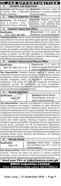 Newspaper clipping: Job Opportunities at EMCO – Supervisors, Officers & Security Staff in Lahore, Jang, 13 Sep 2026