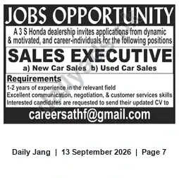 Newspaper clipping: Sales Executive Positions at A 3S Honda Dealership — New & Used Car Sales, Jang, 13 Sep 2026