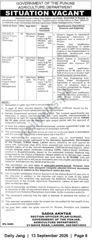 Newspaper clipping: Punjab Agriculture Department Contract Vacancies – Deputy Project Officer, Accounts Officer & Assistant Project Officers (Water Management) – Apply by 2022-10-01, Jang, 13 Sep 2026