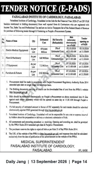 Newspaper clipping: Tender Notice (e-Procurement) — Faisalabad Institute of Cardiology, Jang, 13 Sep 2026
