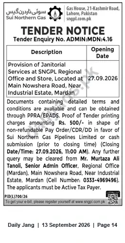 Newspaper clipping: SNGPL Tender: Provision of Janitorial Services at Mardan Regional Office & Store, Jang, 13 Sep 2026