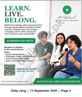 Newspaper clipping: Aga Khan University Faculty of Arts & Sciences — Admissions Open for Bachelor of Studies in Arts & Sciences, Jang, 13 Sep 2026