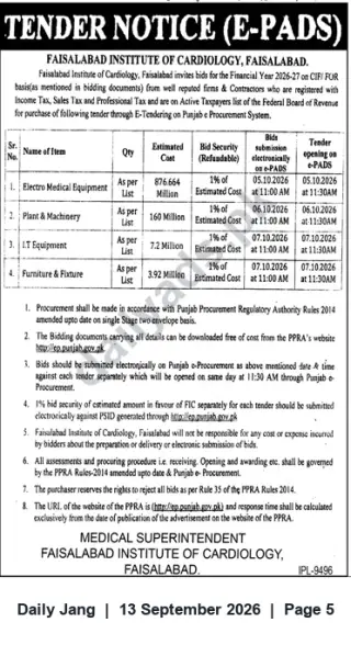 Newspaper clipping: E-Tender Notice: Medical Equipment, Plant & Machinery, IT Equipment and Furniture — Faisalabad Institute of Cardiology, Jang, 13 Sep 2026