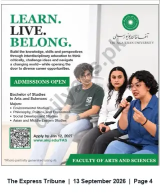 Newspaper clipping: Aga Khan University — Bachelor of Studies (Faculty of Arts & Sciences) Admissions Open, The Express Tribune, 13 Sep 2026