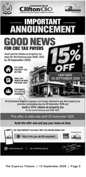 Newspaper clipping: Cantonment Board Clifton: 15% Rebate on Property Tax for FY 2026–27 — Pay by 2026-09-30, The Express Tribune, 13 Sep 2026
