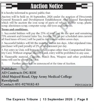 Newspaper clipping: Public Auction — Vehicle & Industrial Scrap by DG RDE Rawalpindi on 2026-09-30, The Express Tribune, 13 Sep 2026