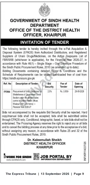 Newspaper clipping: Sindh Health Department Khairpur — Tender for Procurement of Unani Medicines (FY 2026-27), The Express Tribune, 13 Sep 2026