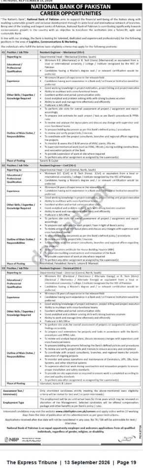 Newspaper clipping: National Bank of Pakistan — Resident Engineers (Mechanical, Civil, Electrical) – Contract Positions, The Express Tribune, 13 Sep 2026