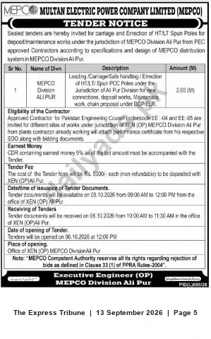 Newspaper clipping: MEPCO Ali Pur Tender: Carriage & Erection of HT/LT Spun PCC Poles, The Express Tribune, 13 Sep 2026