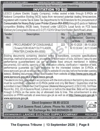 Newspaper clipping: LESCO Tender No. 4443 – Procurement of 223 Toners for Heavy Duty Laser Printer (Canon-IRA-8595), The Express Tribune, 13 Sep 2026