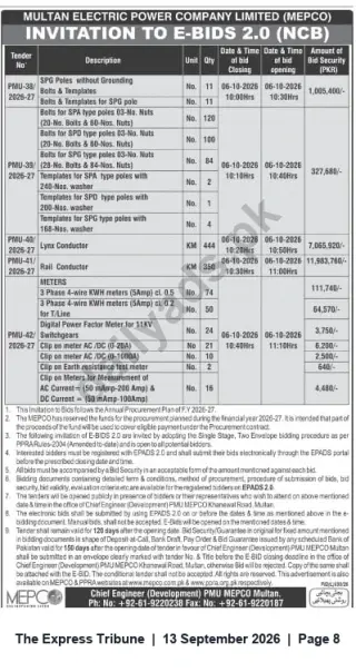 Newspaper clipping: MEPCO Multan Invitation to E-Bids (NCB) — Multiple Supply Tenders Closing 2026-10-06, The Express Tribune, 13 Sep 2026