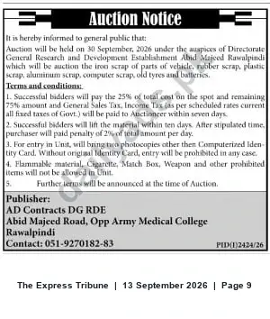 Newspaper clipping: DG RDE Rawalpindi Auction — Scrap Materials (30 Sep 2026), The Express Tribune, 13 Sep 2026