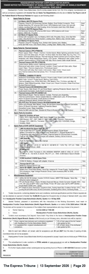 Newspaper clipping: Tender: Procurement & Repair of Signals Equipment — HQ Frontier Corps Balochistan (North), The Express Tribune, 13 Sep 2026