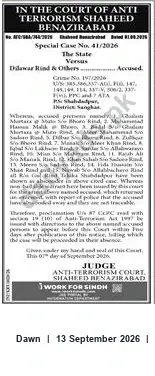 Newspaper clipping: Anti-Terrorism Court Shaheed Benazirabad Proclamation — Special Case No. 41/2016, Dawn, 13 Sep 2026