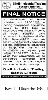 Newspaper clipping: SITE Final Notice: Regularise Conversions of Industrial Plots by 25-09-2026, Dawn, 13 Sep 2026