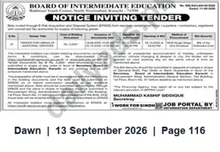 Newspaper clipping: Tender Notice — Board of Intermediate Education Karachi (Bids via EPADS for Supply of Goods), Dawn, 13 Sep 2026