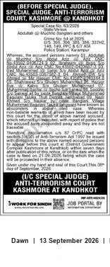Newspaper clipping: Proclamation for Absconding Accused — Special Case No. 63/2026 (Anti‑Terrorism Court, Kashmore at Kandhkot), Dawn, 13 Sep 2026