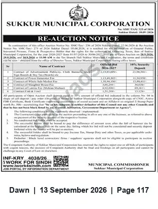Newspaper clipping: Sukkur Municipal Corporation Re‑auction Notice — Contract 1026-2017, Dawn, 13 Sep 2026