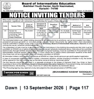 Newspaper clipping: Board of Intermediate Education Karachi — Notice Inviting Tenders for Supply of Goods, Dawn, 13 Sep 2026