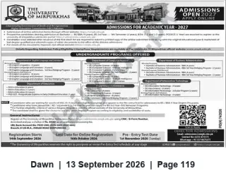 Newspaper clipping: University of Mirpurkhas Admissions 2022 — Apply Online, Dawn, 13 Sep 2026