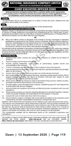 Newspaper clipping: CEO Vacancy — National Insurance Company Limited (NICL), Head Office Karachi, Dawn, 13 Sep 2026