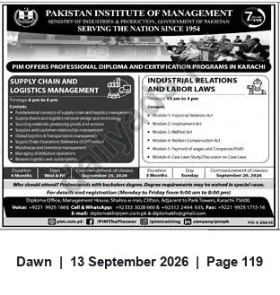 Newspaper clipping: PIM Karachi — Professional Diplomas in Supply Chain & Logistics and Industrial Relations (Commencing 25 Sep 2024), Dawn, 13 Sep 2026