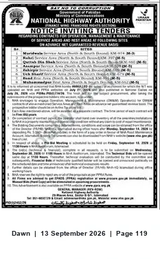 Newspaper clipping: NHA Tender: Service & Rest Area at Muridwala (KM-974 M-3) on Advance Net Guaranteed Revenue, Dawn, 13 Sep 2026
