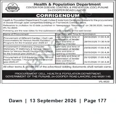 Newspaper clipping: Corrigendum — Procurement Cell, CDC Punjab (Health & Population Department), Lahore, Dawn, 13 Sep 2026