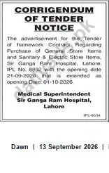 Newspaper clipping: Corrigendum: Tender for General, Sanitary & Electric Store Items — Sir Ganga Ram Hospital Lahore, Dawn, 13 Sep 2026