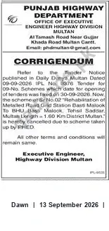 Newspaper clipping: Corrigendum: Cancellation of Tender Item Sr. No.02 — Highway Division Multan, Dawn, 13 Sep 2026