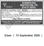 Newspaper clipping: Tender: Prequalification Invitation for Suppliers — Childtifs Foundation (CLF) Pakistan, Dawn, 13 Sep 2026