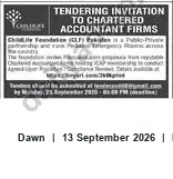 Newspaper clipping: Tender Invitation: Chartered Accountant Firms — ChildLife Foundation Pakistan, Dawn, 13 Sep 2026