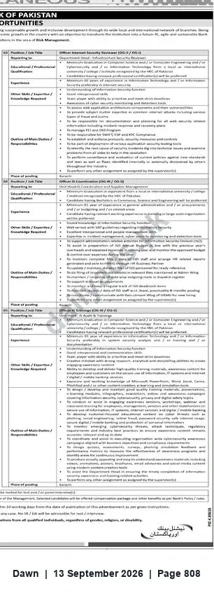 Newspaper clipping: Bank of Pakistan – Job Opportunities for IT & Security Officers, Dawn, 13 Sep 2026