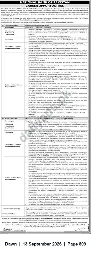 Newspaper clipping: National Bank of Pakistan – Career Opportunities in Information Technology, Dawn, 13 Sep 2026