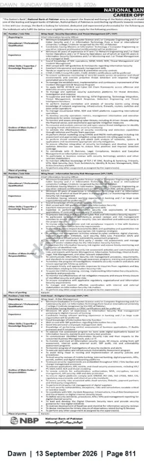 Newspaper clipping: National Bank of Pakistan – Senior Information Security & Threat Management Vacancies, Dawn, 13 Sep 2026