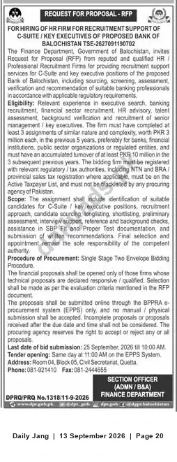 Newspaper clipping: RFP: Hire HR Firm for C‑Suite / Key Executive Recruitment for Proposed Bank of Balochistan, Jang, 13 Sep 2026