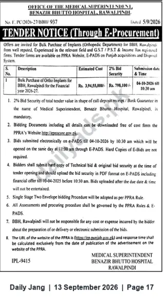 Newspaper clipping: Tender: Bulk Purchase of Orthopedic Implants for Benazir Bhutto Hospital, Rawalpindi, Jang, 13 Sep 2026