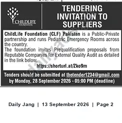 Newspaper clipping: ChildLife Foundation — Prequalification Tender for External Quality Audit (Deadline 2026-09-28), Jang, 13 Sep 2026