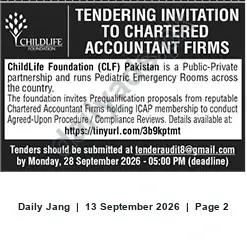 Newspaper clipping: Tender: Prequalification of ICAP-Registered Chartered Accountant Firms — ChildLife Foundation (CLF) Pakistan, Jang, 13 Sep 2026
