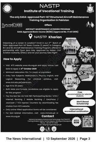 Newspaper clipping: NASTP Kharian — EASA-Approved Aircraft Maintenance (B1/B2) Basic Course Admissions 2026, The News International, 13 Sep 2026