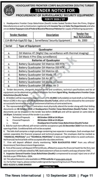 Newspaper clipping: Tender for Procurement of Surveillance / Security Equipment — HQ Frontier Corps Balochistan (South), Turbat (Tender No. 114-88-Pub-Eqpt/02-Sigs), The News International, 13 Sep 2026