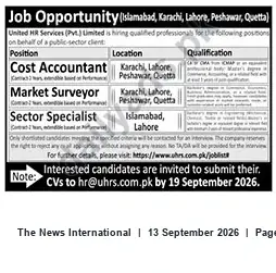 Newspaper clipping: Job Opportunities — Cost Accountant, Market Surveyor, Sector Specialist (Multiple Cities), The News International, 13 Sep 2026