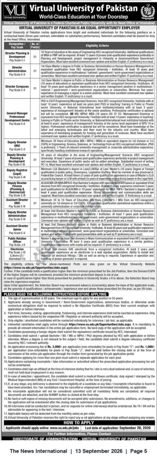 Newspaper clipping: Virtual University of Pakistan — Multiple Administrative, Academic & Technical Vacancies (Islamabad), The News International, 13 Sep 2026