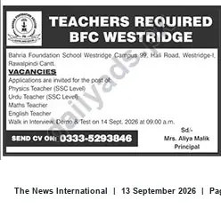 Newspaper clipping: Teachers Required — Bahria Foundation School Westridge (Rawalpindi Cantt), The News International, 13 Sep 2026